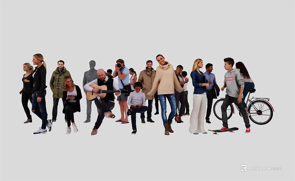 Group of Diverse People Engaged in Different Activities Like Playing Guitar Taking Photos and Skateboarding 3d model 
