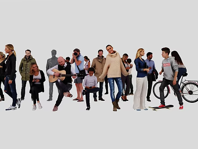 Group of Diverse People Engaged in Different Activities Like Playing Guitar Taking Photos and Skateboarding 3d model
