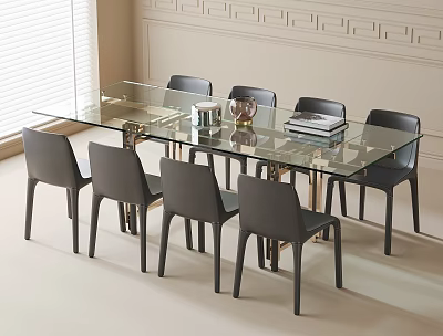Modern Glass Top Dining Table And Six Gray Chairs With Metal Frame Interior 3d model