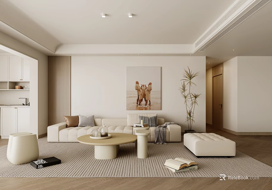 Modern Living Room Interior With Beige Sofa Round Coffee Table Potted Plant And Decorative Painting 3d model 