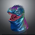 Fantasy Creature Head with Vibrant Blue Pink Purple Sharp Teeth Open Mouth and Spiky Mane