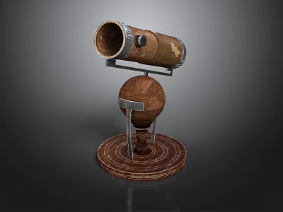 Vintage Telescope Mounted On Globe Stand With Wooden Base And Metal Frame 3d model