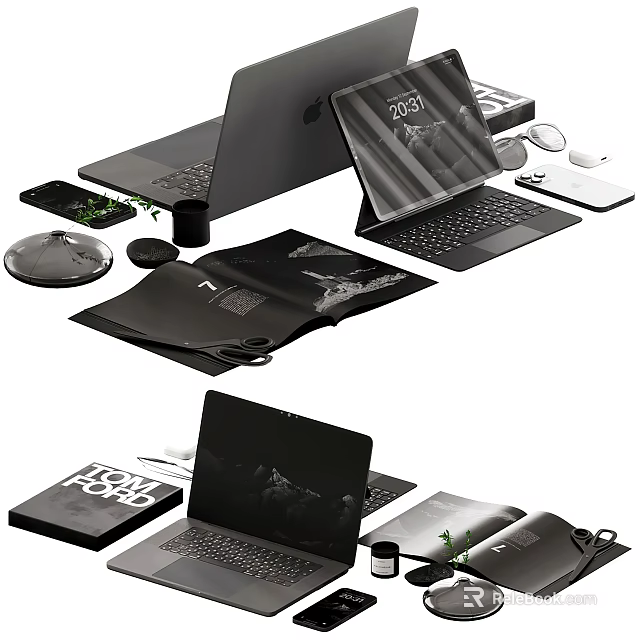 Modern Office Decorative Ornament Set With Laptop Tablet Mobile Phone Notebook And Black Accessories 3d model 