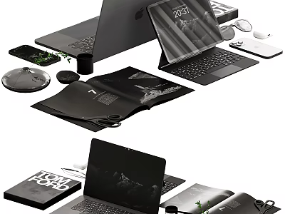 Modern Office Decorative Ornament Set With Laptop Tablet Mobile Phone Notebook And Black Accessories 3d model