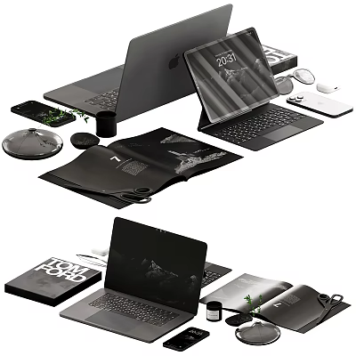 Modern Office Decorative Ornament Set With Laptop Tablet Mobile Phone Notebook And Black Accessories 3d model