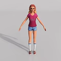 Woman With Red Hair Wearing Pink T Shirt Blue Shorts Striped Socks And Sneakers Pose