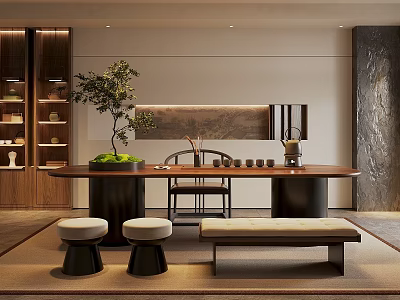 Modern Tea Room Interior Design With Wooden Table Chair Stools Green Plant And Tea Sets 3d model