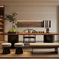 Modern Tea Room Interior Design With Wooden Table Chair Stools Green Plant And Tea Sets