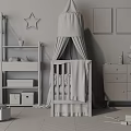 Cozy Baby Crib With Tulle Canopy Blue Blanket Green Wall Shelves And Toys