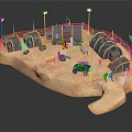 Military Camp With Tents Off Road Vehicle Soldier Figures Lighting Poles On Sand Terrain