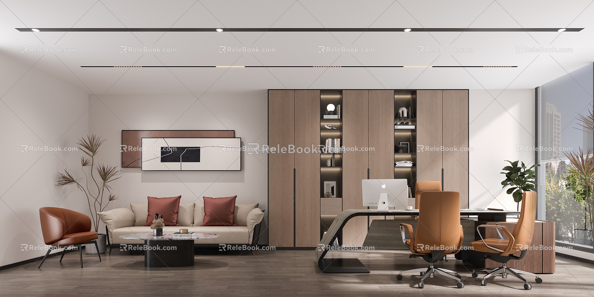 Leadership Manager Office Department Director Independent Office Office Desk Chair Office Leisure Sofa Office Bookcase Background Wall Magnetic Lamp Ceiling 3d model