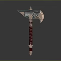 Ornamental Fantasy Axe With Blue Blade Red Handle And White Stripes