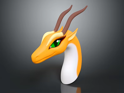 Stylized 3D Dragon Character Head Featuring Orange White Color Brown Horns and Green Eyes 3d model