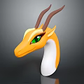 Stylized 3D Dragon Character Head Featuring Orange White Color Brown Horns and Green Eyes
