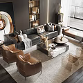 Modern Sofa and Coffee Table Set With Leather Upholstery Brown Accent Chairs and Artwork