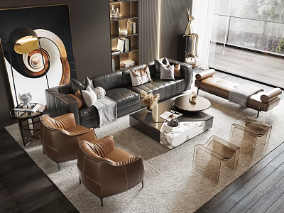 Modern Sofa and Coffee Table Set With Leather Upholstery Brown Accent Chairs and Artwork 3d model
