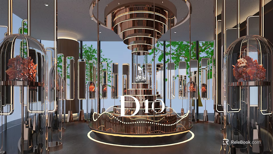 Dior Luxury Retail Display Hall With Circular Platform Metal Structure Lighting And Greenery 3d model 