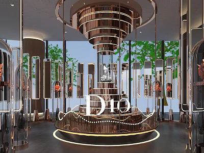 Dior Luxury Retail Display Hall With Circular Platform Metal Structure Lighting And Greenery 3d model