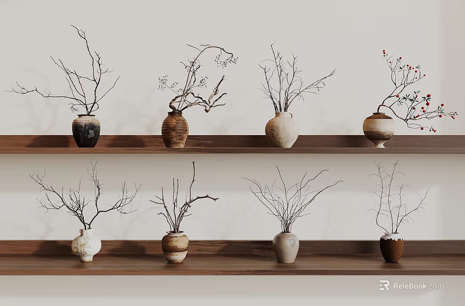 Decorative Vases With Branches And Red Berries Arranged On Wooden Shelves 3d model 