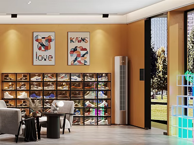 Modern Shoe Store Interior With Display Racks Shoes Sofa Artwork And Windows 3d model