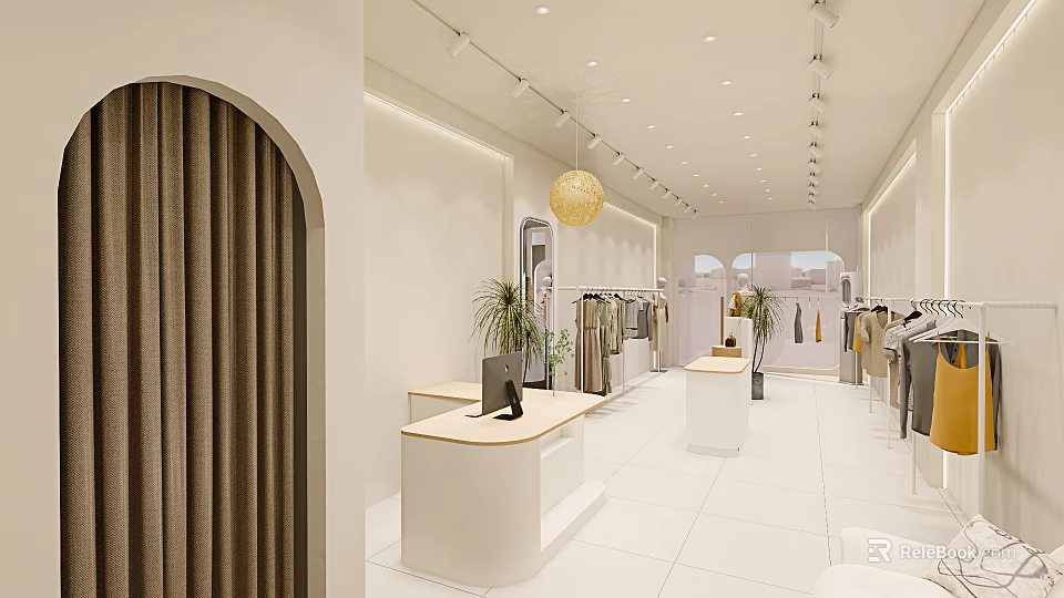 Modern Clothing Store Interior With Clothing Racks Cashier Counter Plants And Warm Lighting 3d model 