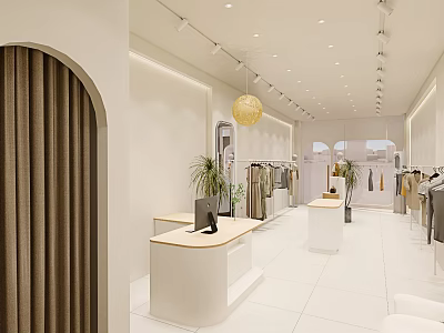Modern Clothing Store Interior With Clothing Racks Cashier Counter Plants And Warm Lighting 3d model