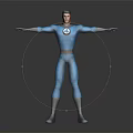 Man in Blue Spandex Suit with Chest Emblem Standing Arms Outstretched