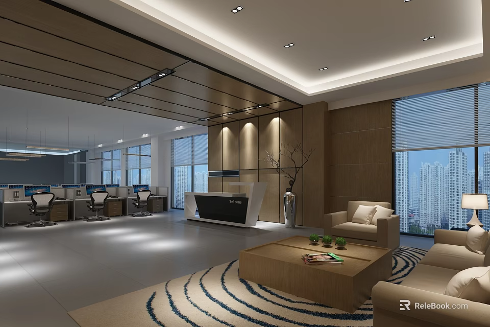 Modern Office Reception Interior With Stylish Desk Sofa Coffee Table And Large City View Windows 3d model 
