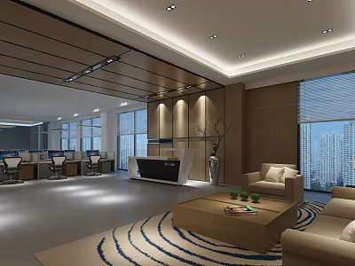 Modern Office Reception Interior With Stylish Desk Sofa Coffee Table And Large City View Windows 3d model