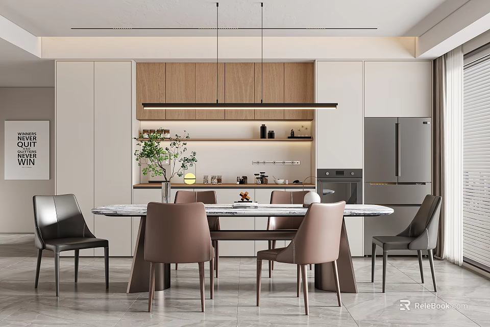 Modern Restaurant Interior With Dining Table Chairs Pendant Lights And Open Kitchen 3d model