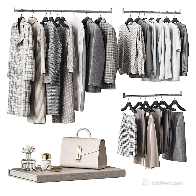 Stylish Modern Hanging Clothing Collection With Coats Shirts Skirts Handbag And Perfume On Table 3d model 