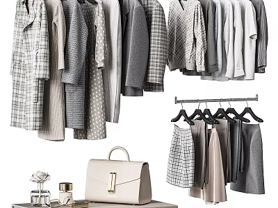 Stylish Modern Hanging Clothing Collection With Coats Shirts Skirts Handbag And Perfume On Table 3d model