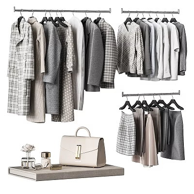 Stylish Modern Hanging Clothing Collection With Coats Shirts Skirts Handbag And Perfume On Table 3d model