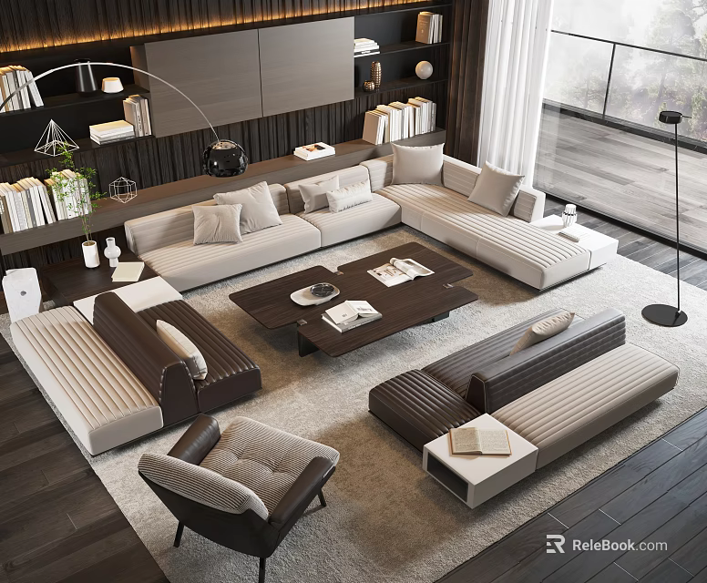 Modern Living Room With L Shaped Sofa And Wooden Coffee Table Set 3d model 