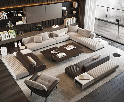 Modern Living Room With L Shaped Sofa And Wooden Coffee Table Set 3d model