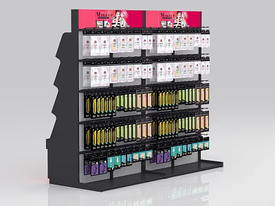 Modern Retail Display Shelf with Multiple Tiers and Colorful Beauty Products 3d model
