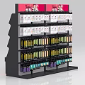 Modern Retail Display Shelf with Multiple Tiers and Colorful Beauty Products
