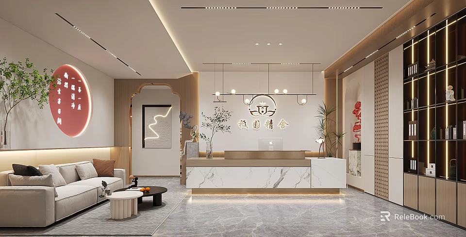 Elegant Beauty Salon Interior Design With Marble Reception Desk Sofa Seating Pendant Lights And Plants 3d model 