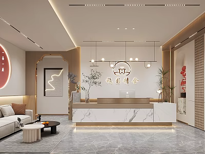 Elegant Beauty Salon Interior Design With Marble Reception Desk Sofa Seating Pendant Lights And Plants 3d model