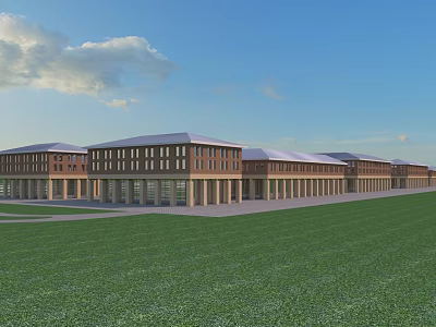Modern Commercial Street With Red Brick Buildings White Roof And Green Lawn Under Blue Sky 3d model