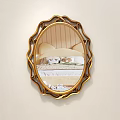 Oval Gold Framed Mirror Reflecting Bedroom Scene with Bed Nightstand Desk Chair and Striped Wall