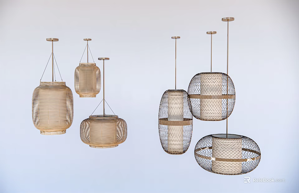 Modern Natural Pendant Lights with Various Wicker and Metal Mesh Design Styles 3d model 