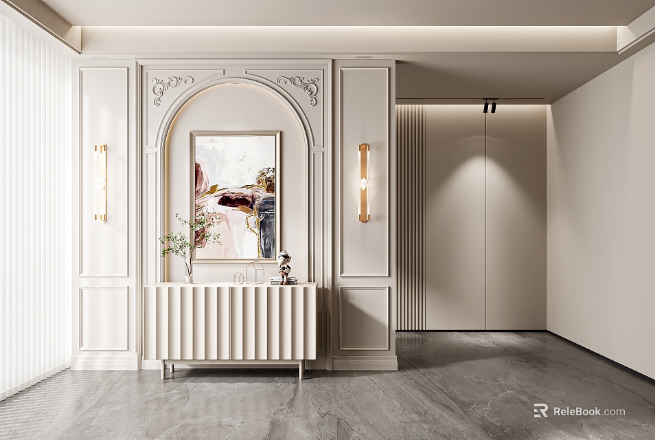 Modern Entryway With White Paneling Arched Design Wall Sconces Console Table And Marble Flooring 3d model 