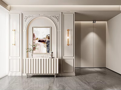 Modern Entryway With White Paneling Arched Design Wall Sconces Console Table And Marble Flooring 3d model