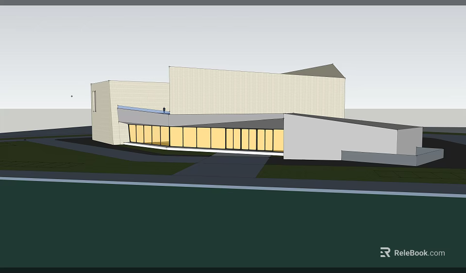 Modern Architectural Building Exterior With Glass Facade Geometric Roof And Green Lawn 3d model 