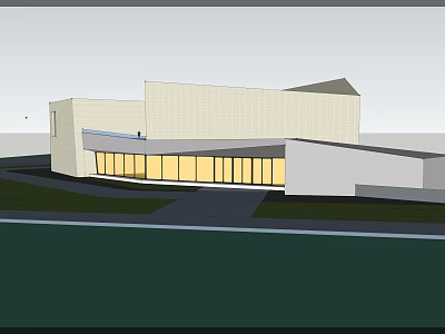 Modern Architectural Building Exterior With Glass Facade Geometric Roof And Green Lawn 3d model
