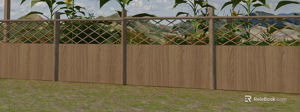 Wooden Garden Fence with Lattice Design Surrounded by Green Plants and Scenic Hills 3d model 