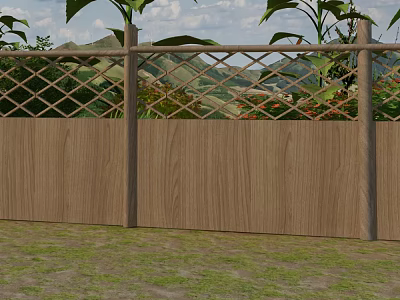 Wooden Garden Fence with Lattice Design Surrounded by Green Plants and Scenic Hills 3d model