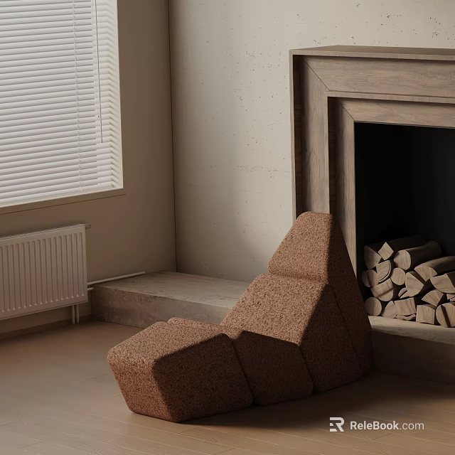 Cozy Textured Brown Accent Chair By Fireplace With Stacked Firewood And Window Blinds 3d model 