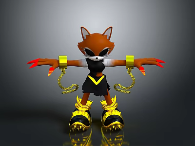 3D Fox Character Design With Black Eye Mask Red Claws Yellow Wristbands And Roller Skates 3d model
